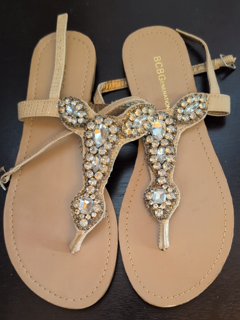 BCBGeneration Tan Jeweled T-Strap Flats
